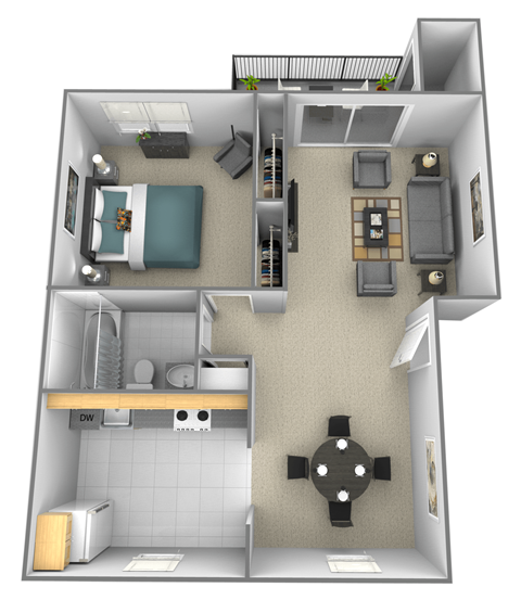 Floor plan for 1 bed, 1 bath, 722 sqft
